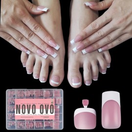 NOVO OVO French Tip Hand and Toe Nail Tips Press on kit, BERRY PINK Square Soft Gel Nail Extension, Square Round Toenails, Pre-applied Tip Primer & Base Coat, Full Cover Matte for DIY x 15 Sizes