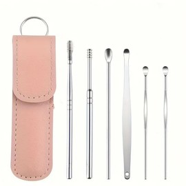 6PCS Stainless Steel Ear Pick Set - 360° Rotating, Double-Ended Ear Wax Remover for Safe & Gentle Adult Ear Care, Premium Home Cleaning Tool Kit (Pink)