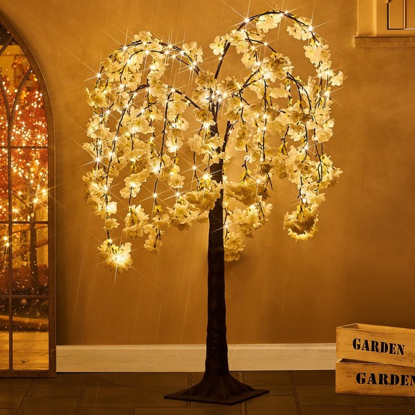 Fudios White Cherry Blossom Tree with Lights 4FT 180 LED Fairy Lights, Lighted Artificial Flower Tree for Spring Summer Wedding Decor Indoor Outdoor