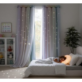 NICETOWN Rainbow Star Curtains for Girls Bedroom, Double Layer Colorful Stripes Kids Blackout Curtains Plus White Sheer Livingroom Window Curtains for School Classroom (Rainbow, W52 x L84, Sold by 2)