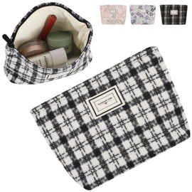 Fogman Makeup Pouch, Large Capacity, Compact, Thin, Stylish, Cute, Lightweight, Makeup, Plaid White