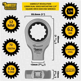SabreCut 1 x MRSC17 12mm Dual Sided Ratcheting Wrench 1/4" Square Drive 72 Tooth Precision Gear 62Nm High Torque Ratchet Professional Stainless Steel Compact Tool Attachment