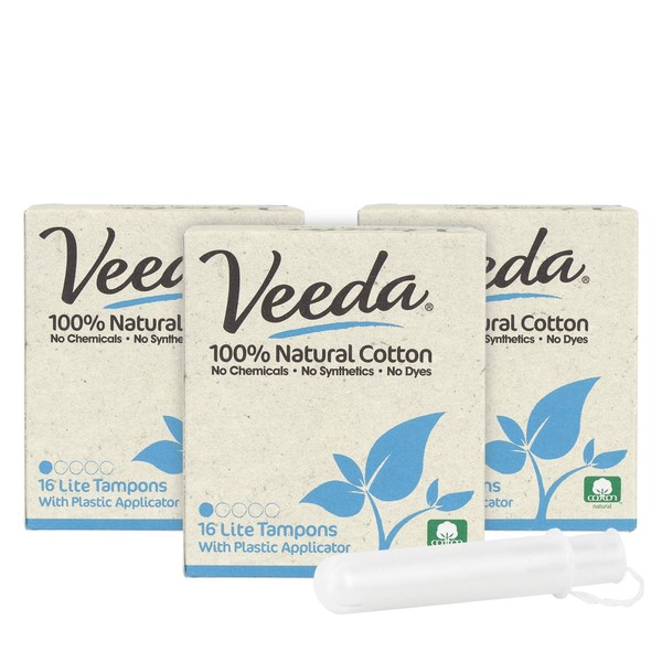 Veeda 100% Natural Cotton Compact BPA-Free Applicator Tampons Chlorine, Toxin and Pesticide Free, Lite, 16 Count (Pack of 3)