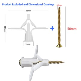 Plasterboard Fixings 40 Sets (80pcs),Drywall Screws And Rawl Plugs, Heavy Duty Anti-Rotational Expansion Tube Assortment Hollow Anchors Kit,Wall Plugs For Plasterboard, Cavity Wall, Fibreboard (White)