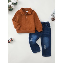 Yhnslsf Baby Boy Clothes Infant Fall Winter Toddler Boys Outfits Mock Neck Quarter Zip Pullover Long Sleeve Knit Sweatshirt Ripped Jeans Denim Pants Sweatsuit Set Brown 12-18 Months