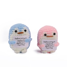 caiyjhao 2PCS Mini Funny Crochet Penguin, Funny Emotional Penguin with Emotional Support Cardonthe Front,NewYear'sBirthdayParty Cheer Gift Home Room Table Decoration(Pink Blue)