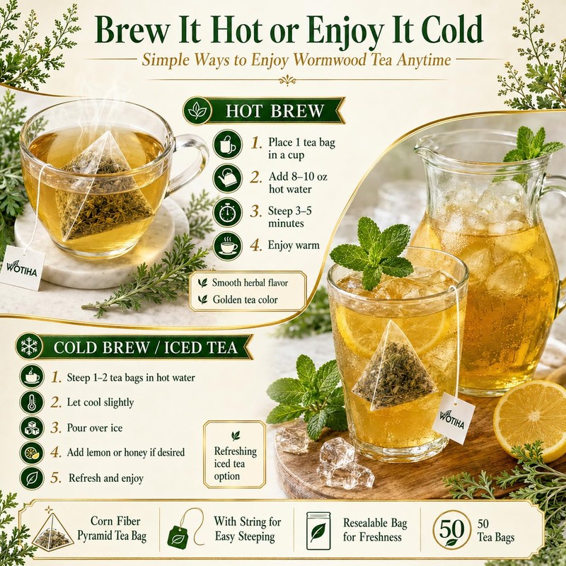 WOTIHA Wormwood Tea Bags, Pure Bitter Herbal Tea, 2.64 oz