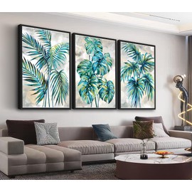 Large Framed Wall Art Tropic Plants, Modern Leaf Wall Pictures for Living Room 16"x24" Set of 3 Green Botanical Prints Palm Monstera Canvas Artwork Bedroom Home Bedroom Office Decor