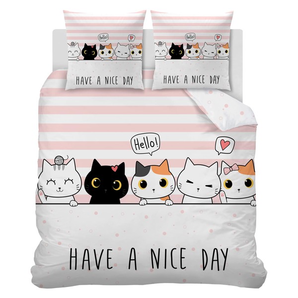 Linfye Children's Bed Linen, Pink Cat Duvet Cover 135 x 200 cm + 2 Pillowcases 65 x 65 cm 3D Reversible Bed Linen with Zip Soft Microfibre Duvet Cover
