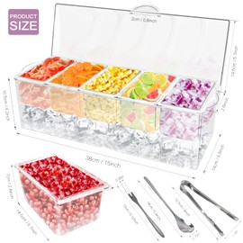 FODIENS 5 Compartment Condiment Server, Ice Chilled Condiment Containers with Lid, Clear Condiment Caddy Serving Tray on Ice with 5 Serving Spoons 5 Fruit Forks 2 Serving Tongs
