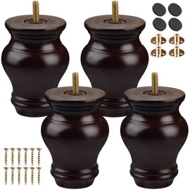 TCHOSUZ 4 inch / 10cm Wooden Furniture Legs, Pack of 4 Classic Walnut Solid Wood Turned DIY Replacement Bun Feet with M8 Hanger Bolts & T-Nuts for Sofa Couch Cabinet Ottoman Bed Riser