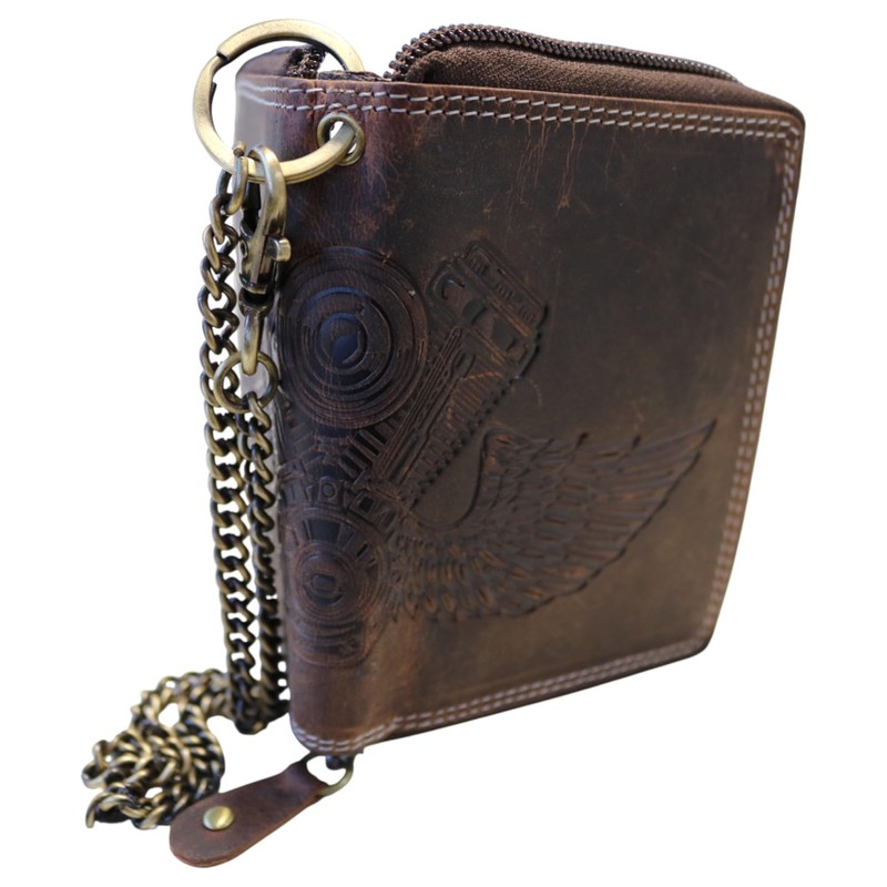 MDM Men's Biker Leather Wallet with Chain, Vintage, RFID Protection,
