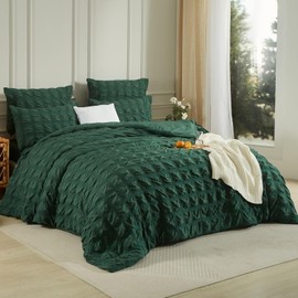 Luowei Seersucker Bed Linen 135 x 200 cm Checked Dark Green Green Fluffy Non-Iron Aesthetic Set Summer Cooling Duvet Cover 135 x 200 cm with Zip and Pillowcase 80 x 80 cm