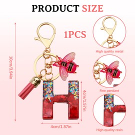 ORUZA Alphabet Initial Letter Keychain, Red Sequin Initial Letter Keyring with Bees Tassel Pendant Resin Alphabet Key Ring for Women Wallet Purses (H)