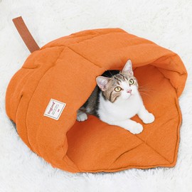 Cat Sleeping Bag,Cozy Cat Bed Cave Leaf Nest,Linen Fabric Pet Cuddle Zone,Covered Hide Warm Burrowing Soft Durable Washable Cat Bed for Indoor Puppy and Kitten(Maple Leaf Orange)
