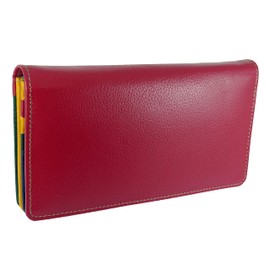 Hide and Sleek Ladies RFID Leather Flapover Matinee Organiser Purse for 14 Cards, Notes/Coins (Red Multi)