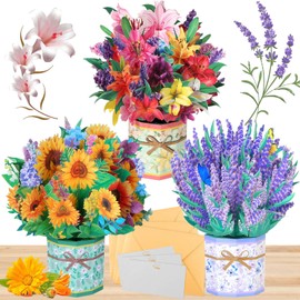 3 Pack Paper Flower Pop Up Cards, Flower Bouquet Card Popup 3D Greeting Cards for Mother's Day, Graduation, Anniversary, Birthday, Congratulations, Get Well, Home Decor, with Envelope