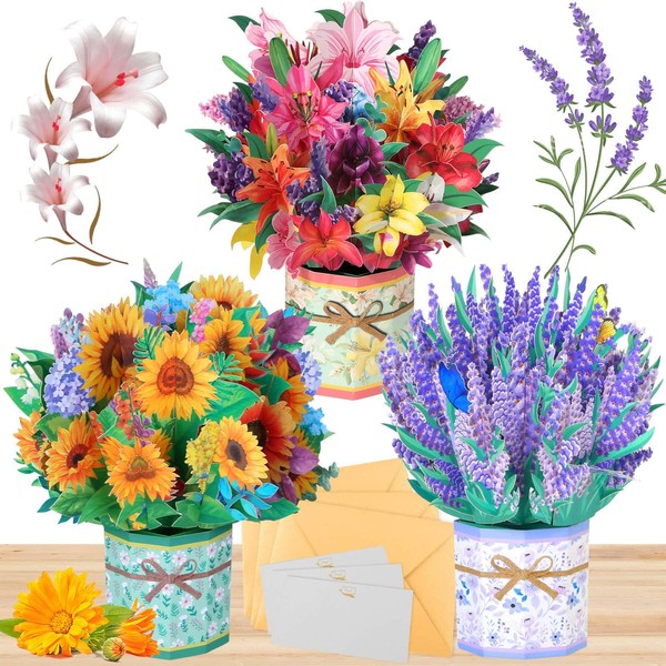 3 Pack Paper Flower Pop Up Cards, Flower Bouquet Card