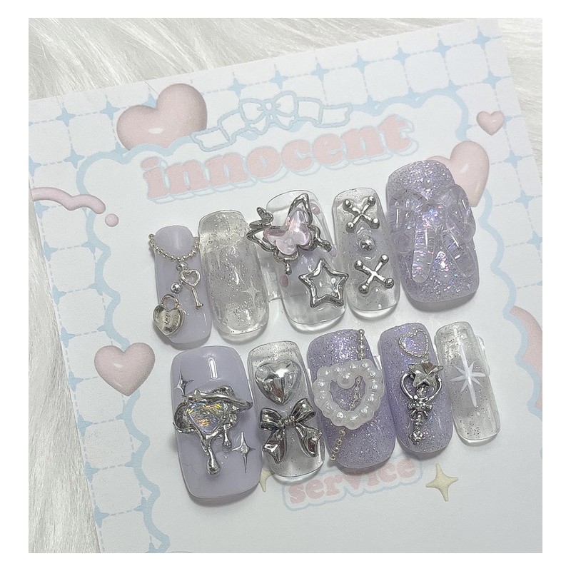 Purple Butterfly Handmade Nail Tips - Long Ballerina / 퍼플
