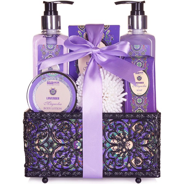 BRUBAKER Cosmetics Home Spa Gift Basket - Lavender & Magnolia Scent - 7 Pcs Luxury Bath & Body Gift Set for Women and Men