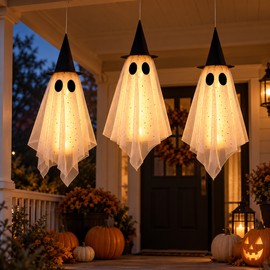 Halloween Ghost Hanging Decorations for Yard & Trees – Spooky Mesh Ghosts with Witch Hats for Outdoor Décor 3 Pcs