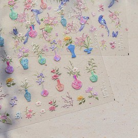 2Sheets Decorative Nail Art Stickers, Blue Birds and Pink Flowers Design, Holographic Vase Pattern (Vases Flowers)