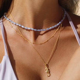 float Women's Gold Necklace Double Row Layering Chain with Pendant Made of 925 Sterling Silver and 18 Carat Gold-Plated - Length Adjustable, Sterling Silver Brass