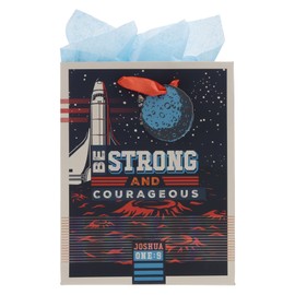 Christian Art Gifts Medium Portrait Gift Bag, Tag & Tissue Paper Set for Boys & Kids: Strong & Courageous Inspirational Scripture, Multicolor Blue Reflective Outer Space Theme, Sturdy Satin Handles
