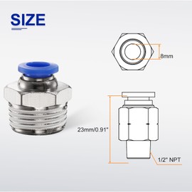 sourcing map Push to Connect Fitting 8mm Tube OD x 1/2" NPT Thread Male Straight Quick Connector Copper Air Line Hose Fittings for Industry Air System PC8-N04, Blue