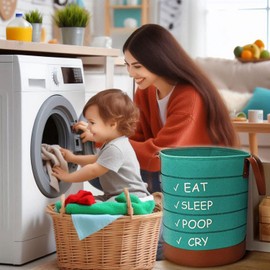 Large Collapsible Laundry Basket for Nursery, Felt Toy Storage Bin & Baby Hamper with Handles - Teal & Brown