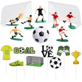 Lukinuo - Decoración para tartas de fútbol, 18 piezas, decoración de tartas, pelota de fútbol, portería, magdalenas, figura de jugador de fútbol para hombres, niños, fútbol, deportes, fiestas,