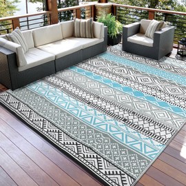 GarveeLife Outdoor Patio Rug 9x18 Waterproof Plastic Straw Rug, Reversible UV Resistant Foldable Camping Carpet Portable Modern Geometric Outdoor Floor Mat for Rv, Backyard, Blue/Grey