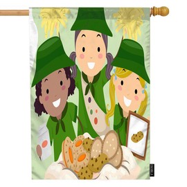 EKOBLA Girl Scouts House Flag Biscuits Sell Cookies Cartoon Hat Green Food Adorable Drawing Decorative Waterproof House Flags for Farmhouse Outdoor Park Decor Cotton Linen 28 x 40 Inch