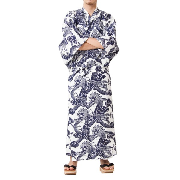 Tokyoin - Bata de algodón tradicional fabricada en Japón (kimono de pijama japonés) fácil de llevar, diseño unisex, OBI Yukata, conjunto 2, Azul marino y dragón, XX-Large
