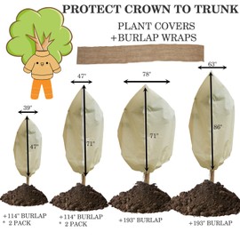 Plant Covers Freeze Protection with Burlap Tree Wrap，2 Pack 39"*47" Plant Covers Bags with Zipper and Drawstring, Frost Cloth Blanket for Outdoor Plants Winter Cold Weather Freeze Protection