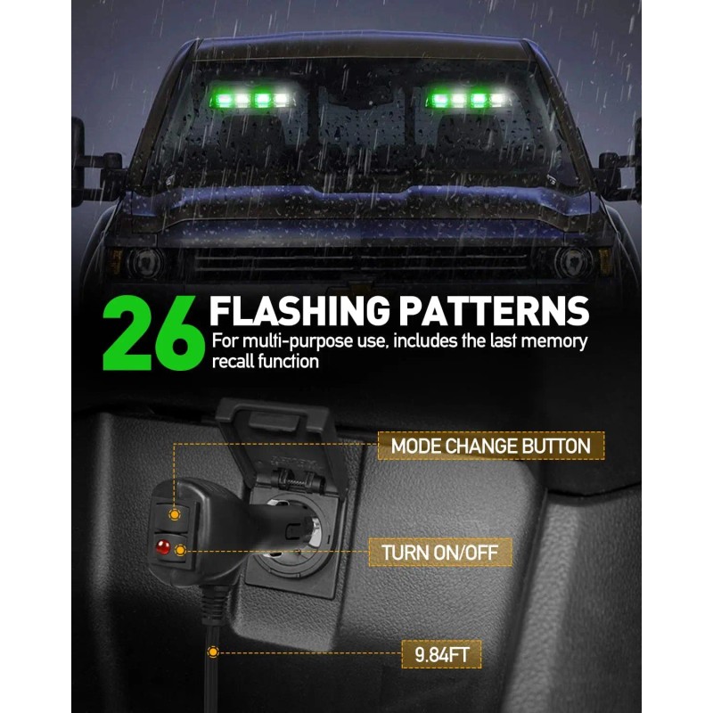Emergency Dash Strobe Lights Green White Safety Flashing Warning Hazard