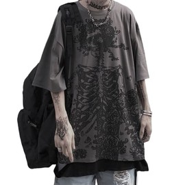 Women Y2K Alt Emo Goth Skeleton Rose Dark Academia Cool Tops, Grunge Men Punk Harajuku Unisex Korean T Shirt Blouse (Grey,2XL,XX-Large)