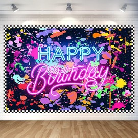 YQWIN Glow Neon Backdrop Neon Party Decorations Neon Birthday Backdrop Colorful Graffiti Splash Paint Birthday Backdrop Happy Birthday Black Light Hanging Banner for Neon Birthday Party Decorations