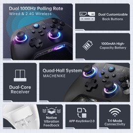 Machenike G3V2 Bluetooth Controller for Pc/Switch/Ios/Android, Hall Effect Joysticks, RGB Lighting Gaming Controller,2 Programmable Buttons,1000mah Battery With Charging Station, White