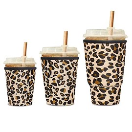 Kiatoras 3 Pack Reusable Iced Coffee Sleeve Neoprene Insulator Sleeve for Iced Coffee Cups or Cold Beverages Cups (Leopard)