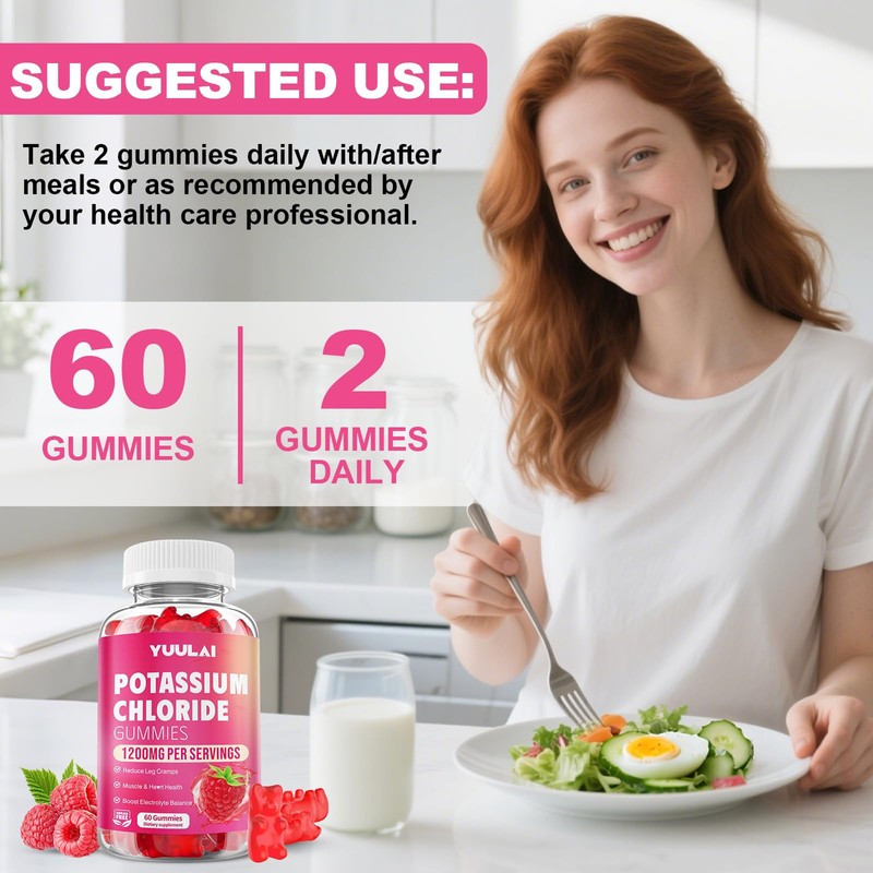 Potassium Gummies, Potassium Chloride Gummies 1200mg for Adults, Sugar-Free Potassium