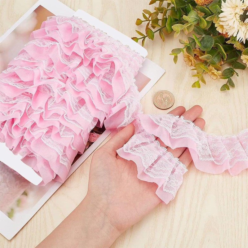 GORGECRAFT 5m*50mm Double Layer Chiffon Lace Edge Trim Pink Pleated