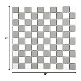 Tenedos Square Checkered Tile Grey & White Porcelain Mosaic Shiny Look 1-1/8" X 1-1/8" for Bathroom Floors, Walls, Kitchen Backsplash and Pool Tile (1 Sheet)