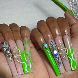 24 Pcs Coffin Shape Press on Nails,Long Length Green Color with Colorful Rhinestone and 3d Snake Pattern French Designs Ballet Fake False Nails, Nail Art for Women and Girl Stick on Nails