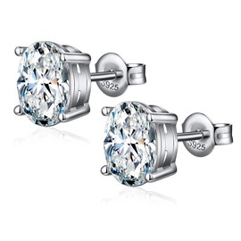 JiaYangJY 925 Sterling Silver Oval Brilliant Lab Simulation Diamond Stud Earrings 5A Cubic Zirconia Stud Earrings Hypoallergenic White Gold Plated (6MM)