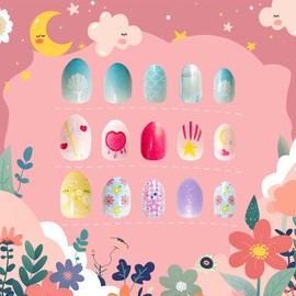Kawyehu 72PCS Press on Nails for Kids 3 PACK Almond Children Fake Nails Adhesive Full Cover Short False Fingernails for Girls Kids Nail Decoration (Sea Flower Love)