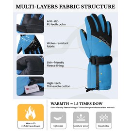 Caracaleap Kids' Snow Gloves with Waterproof Construction and Thinsulate Insulation,Winter ski Gloves for Boys and Girls,Blue,7-9