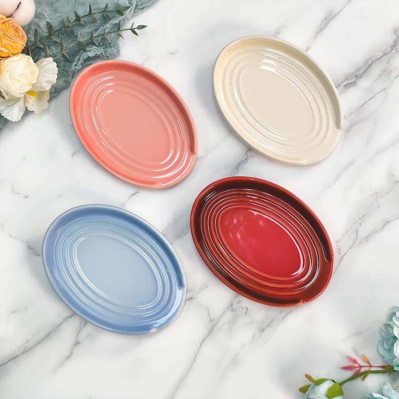 LIHOOOOM Ceramic Spoon Rest for Kitchen Counter, 6" Modern Pink