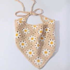 KAIGUANGZHI 1 Pack Floral Crochet Bandana Head Scarf, Hair Kerchief Tie Headwrap for Women Girls (Light Khaki, One Size)