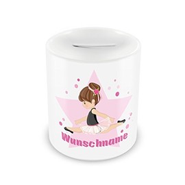 Samunshi® Children's Money Box with Name and Ballerina Motif for Children - Boys and Girls Piggy Bank White